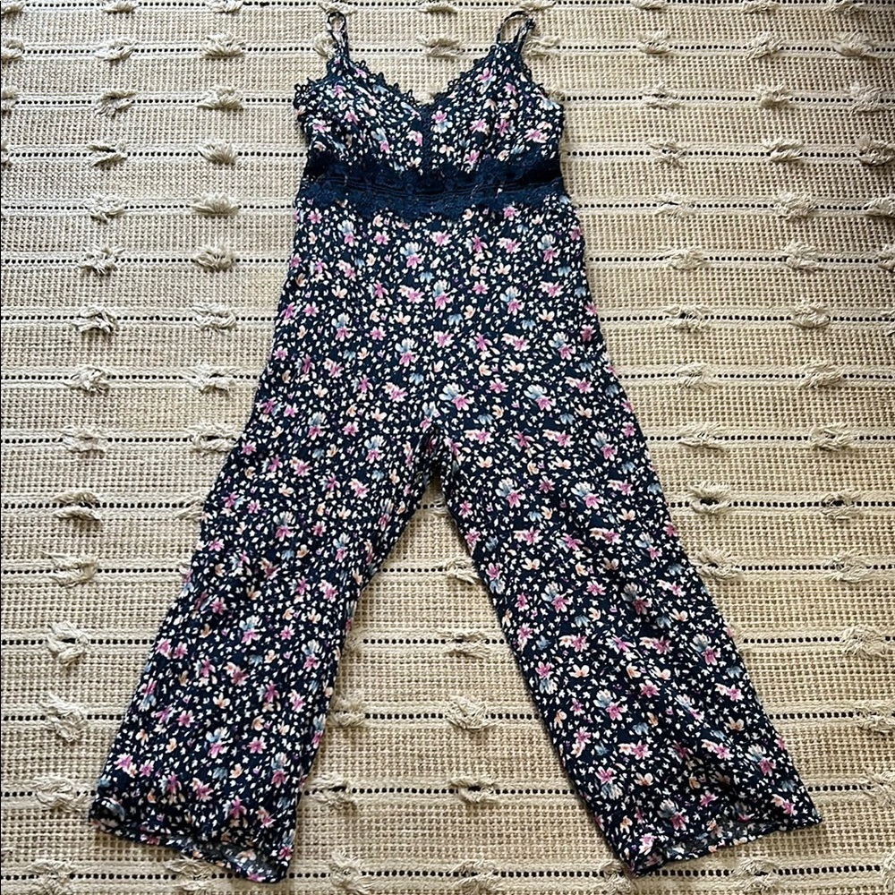 Lulu's Floral Jumpsuit with Lace Detail - Black and Pink